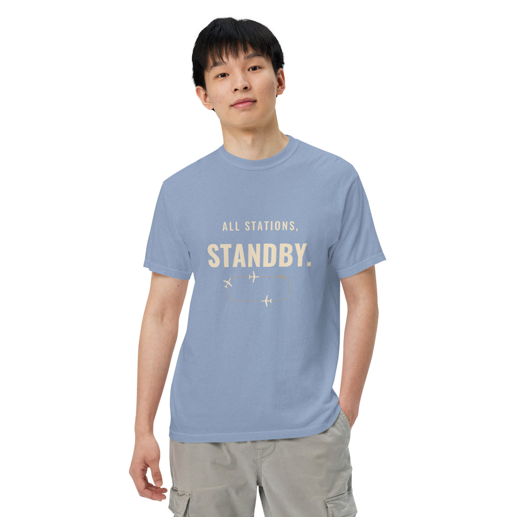 All Stations, Standby ATC t-shirt – aircraft in a holding pattern, heavyweight garment-dyed tee