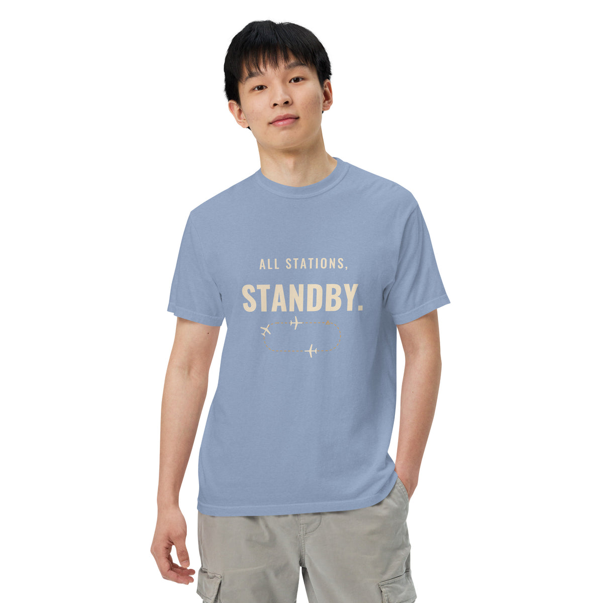 All Stations, Standby ATC t-shirt – aircraft in a holding pattern, heavyweight garment-dyed tee
