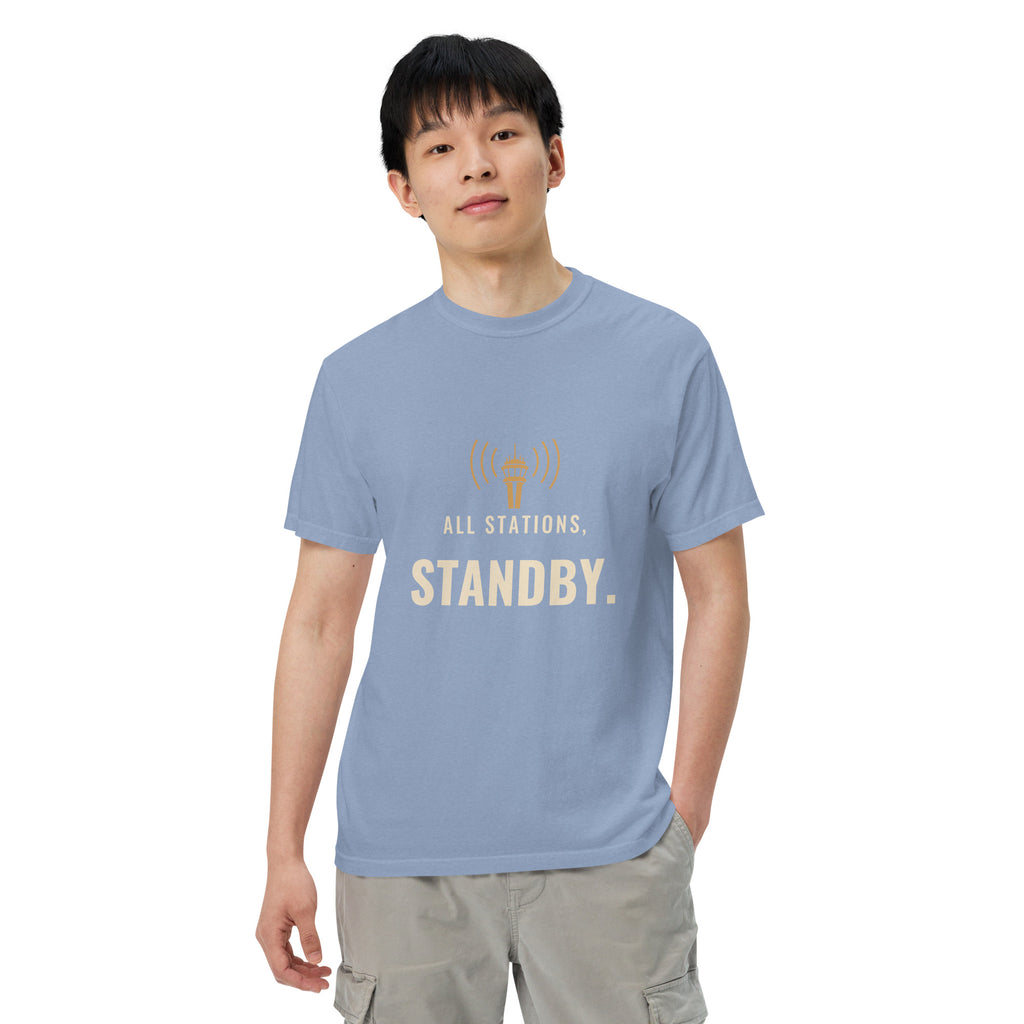 All Stations, Standby ATC t-shirt – control tower broadcasting on frequency, heavyweight garment-dyed tee