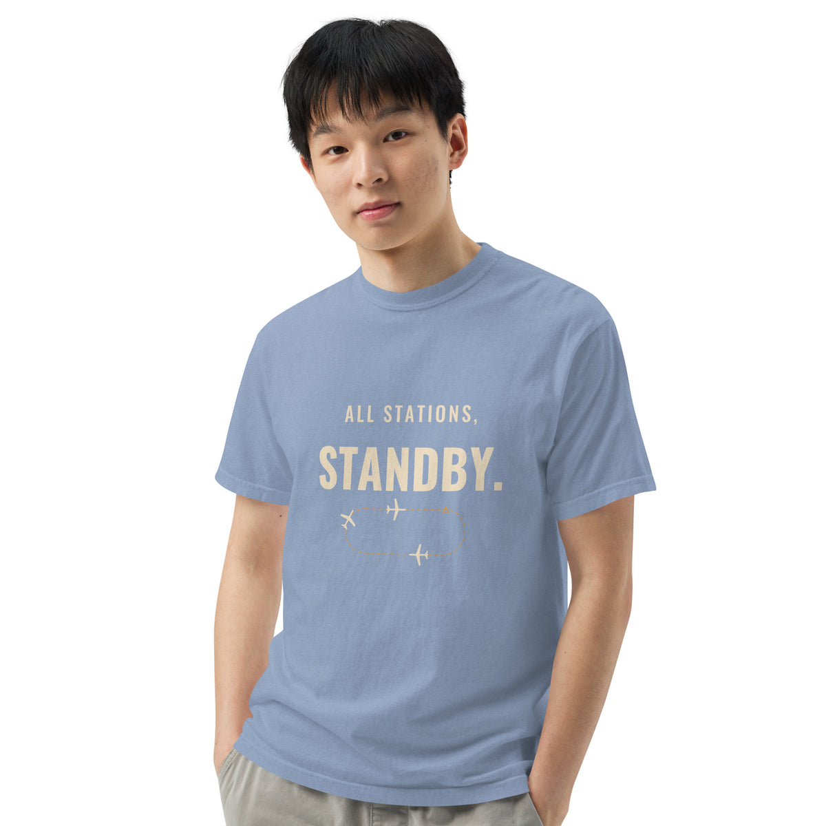 All Stations, Standby ATC t-shirt – aircraft in a holding pattern, heavyweight garment-dyed tee