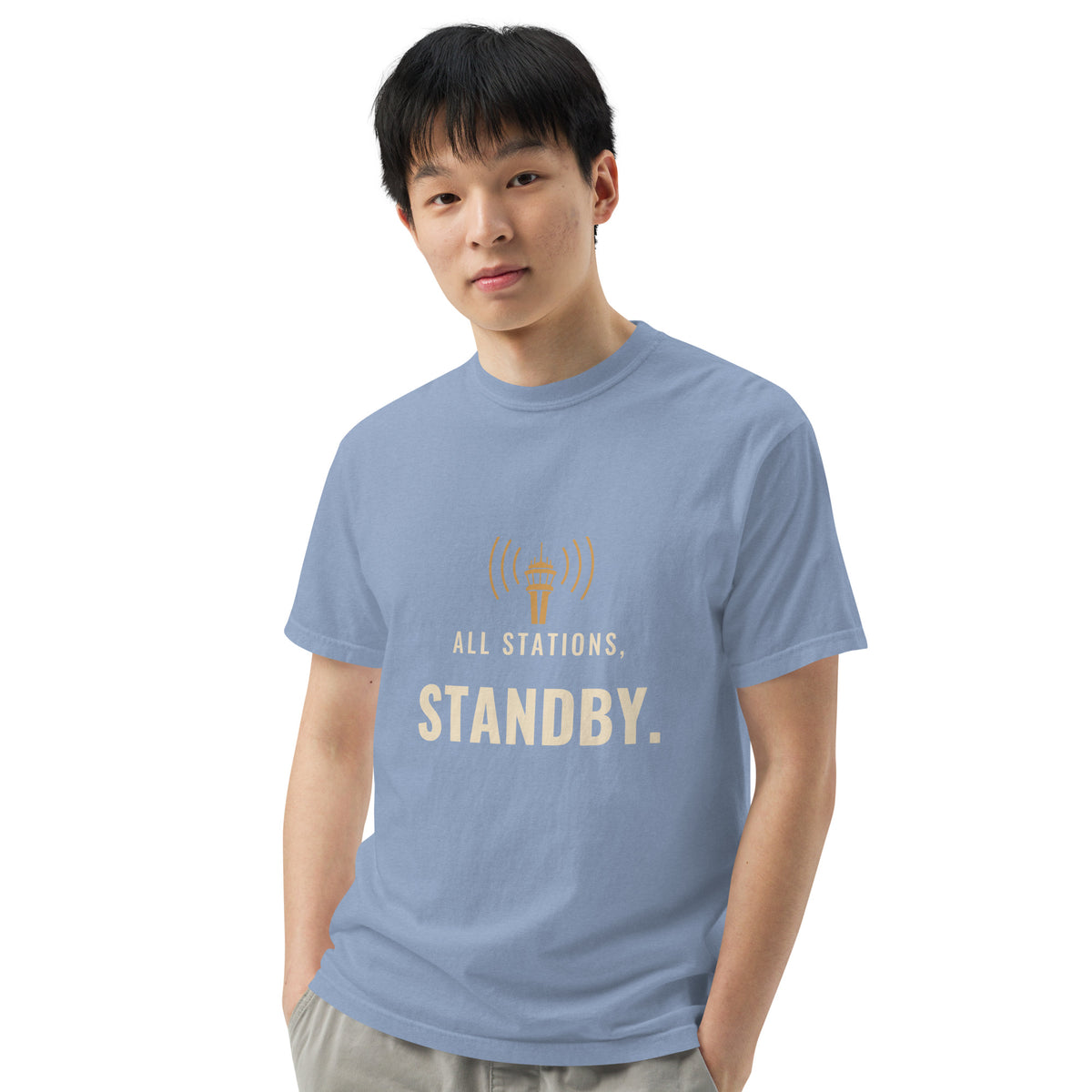 All Stations, Standby ATC t-shirt – control tower broadcasting on frequency, heavyweight garment-dyed tee