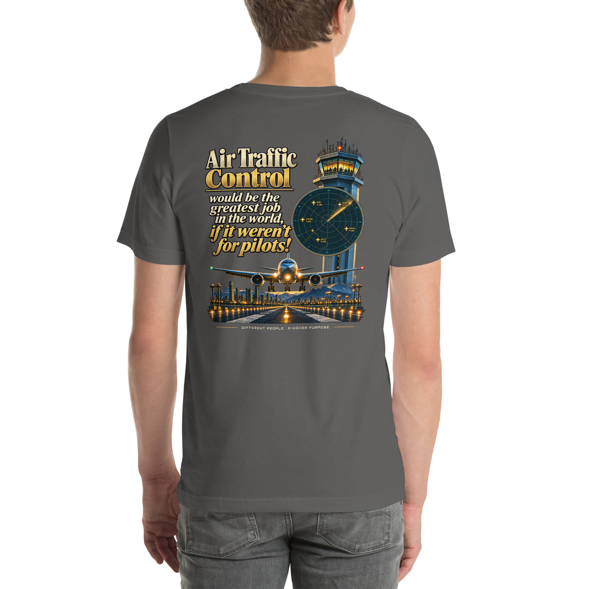 Air traffic control t-shirt Night Shift Edition – vintage tower, radar and short-final back print