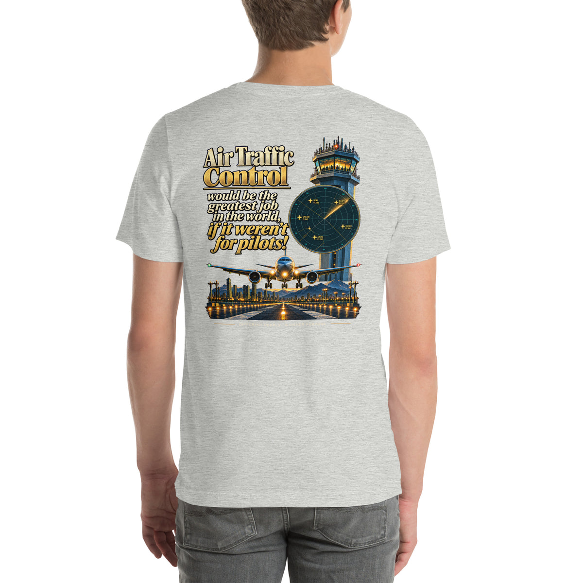 ATC t-shirt Poster Edition – vintage tower and radar poster back print on a light shirt