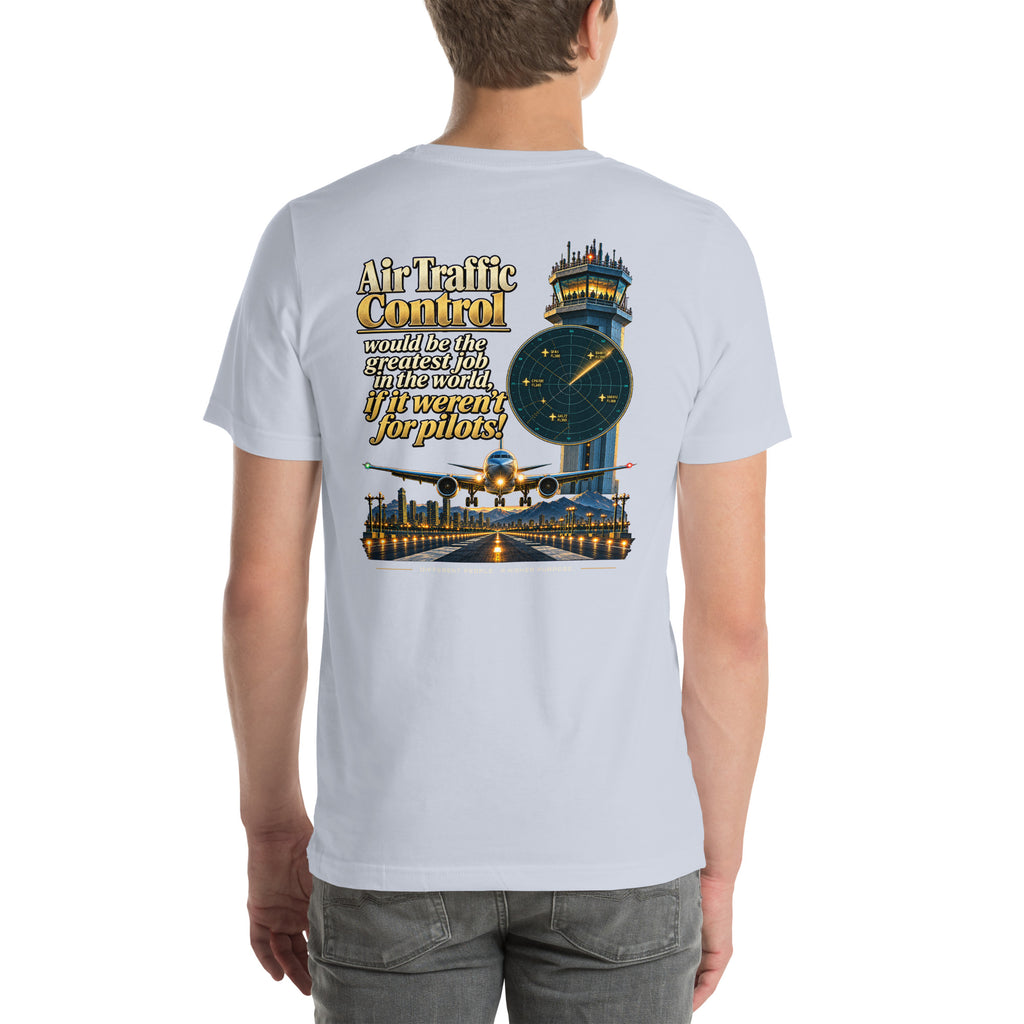 ATC t-shirt Poster Edition – vintage tower and radar poster back print on a light shirt