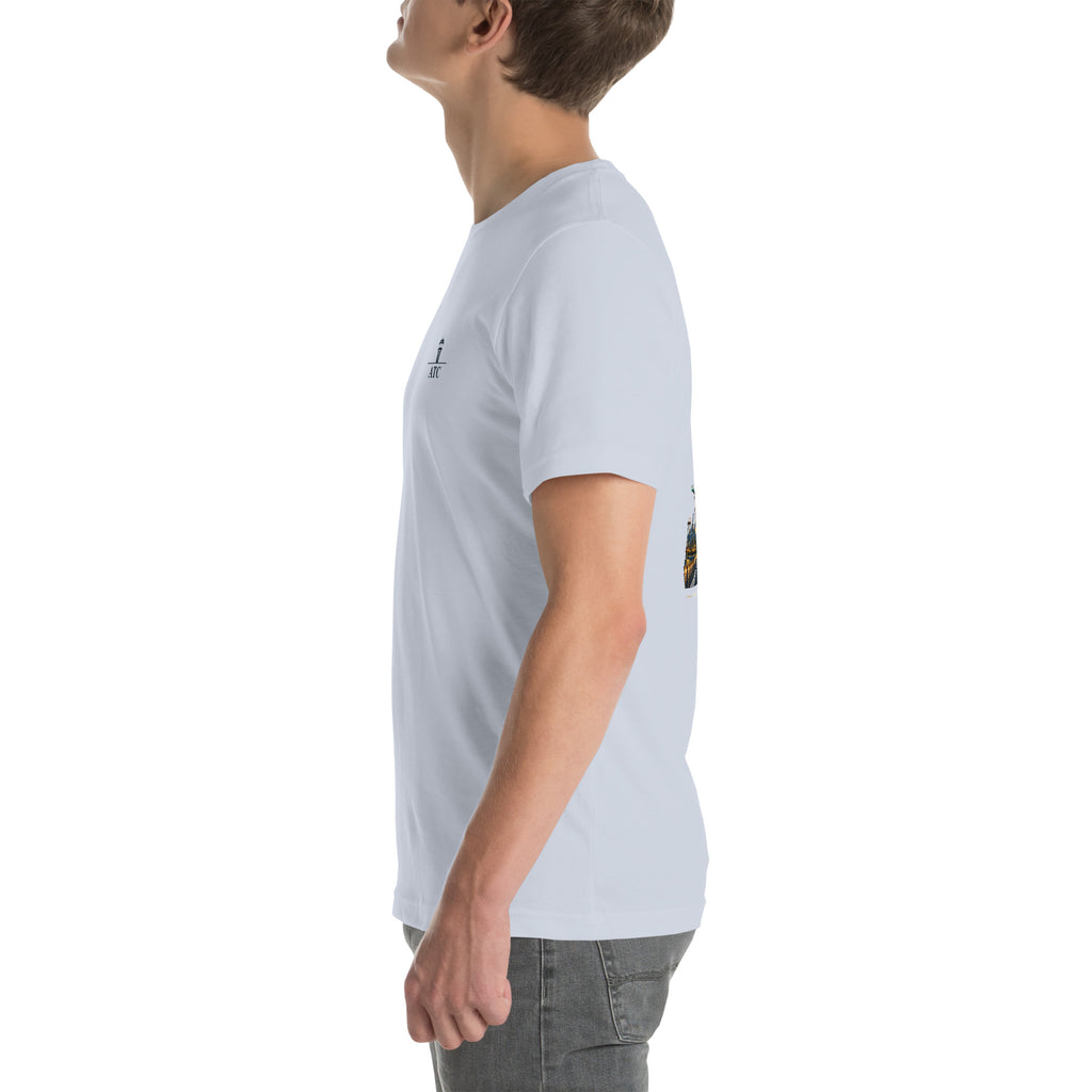 ATC t-shirt Poster Edition – vintage tower and radar poster back print on a light shirt
