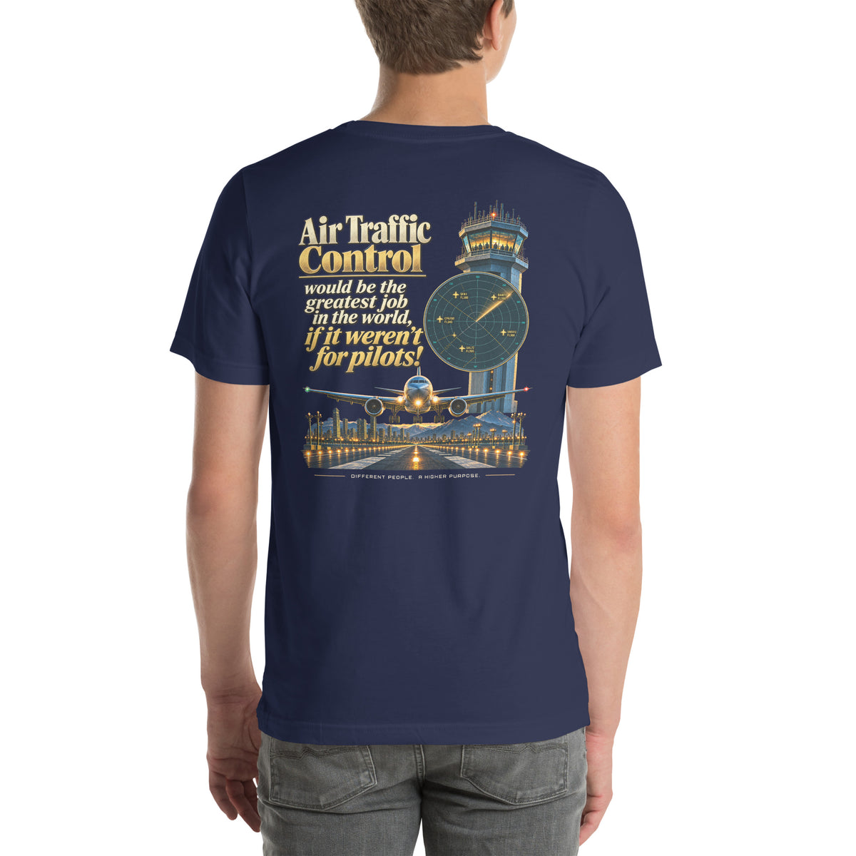 Air traffic control t-shirt Night Shift Edition – vintage tower, radar and short-final back print
