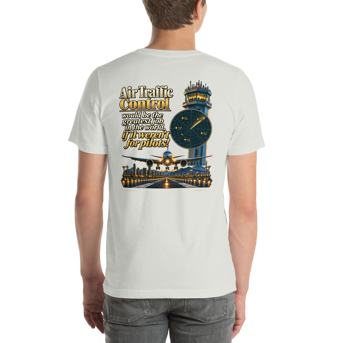 ATC t-shirt Poster Edition – vintage tower and radar poster back print on a light shirt