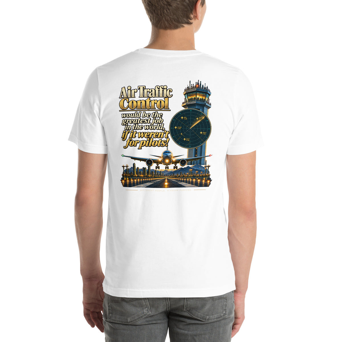 ATC t-shirt Poster Edition – vintage tower and radar poster back print on a light shirt